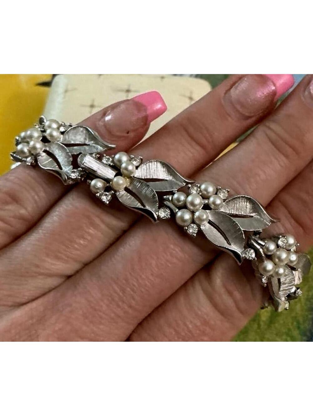 Vintage Crown Trifari Signed Brushed Silver Tone Faux Pearl Rhinestone Bracelet